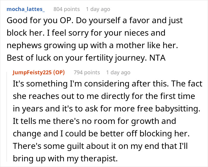 Comments discussing babysitting, fertility, and family issues on a Reddit post. Comments discussing babysitting, fertility, and family issues on a Reddit post.