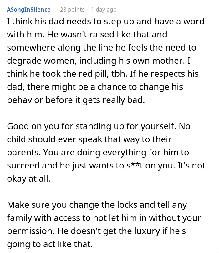 Text discussion about entitled behavior and setting boundaries with a son.