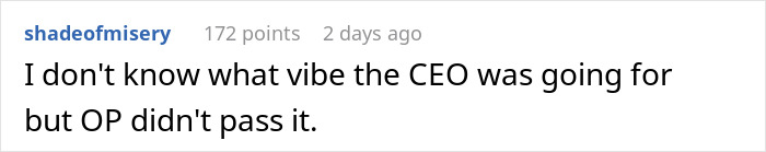 Reddit comment about a CEO's vibe, related to company rejecting a potential employee for eating lunch in the office.