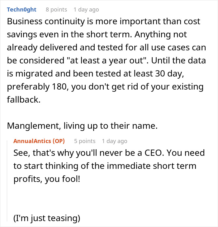 Screenshot of comments discussing management decisions affecting business continuity.