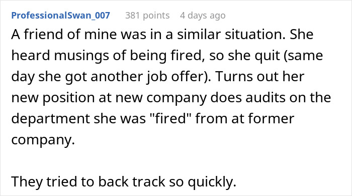 Text describing a situation where a woman quits due to firing rumors, then audits the same company.