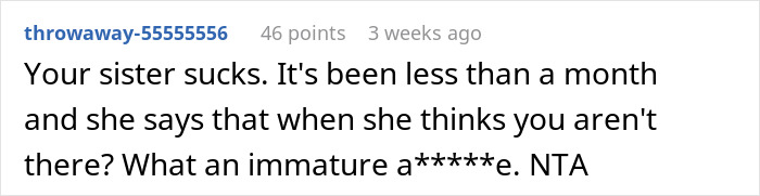 Comment reacting to pregnant woman's mean remark about sister’s miscarriage, expressing disapproval and calling her immature. Comment reacting to pregnant woman's mean remark about sister’s miscarriage, expressing disapproval and calling her immature.