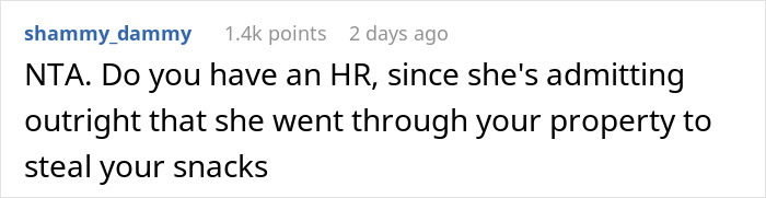 Reddit comment about vegetarian food thief accused of stealing coworker snacks.