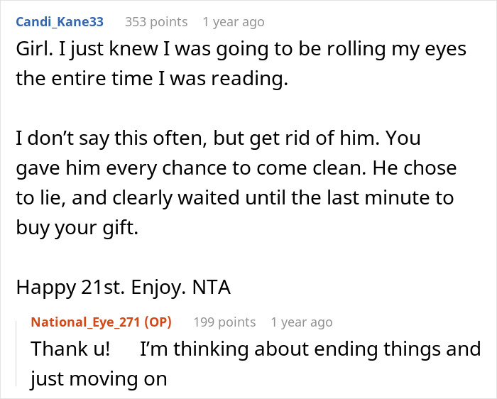 Reddit comment about relationship advice, addressing lying and special birthday perfume. NTA and supportive response.
