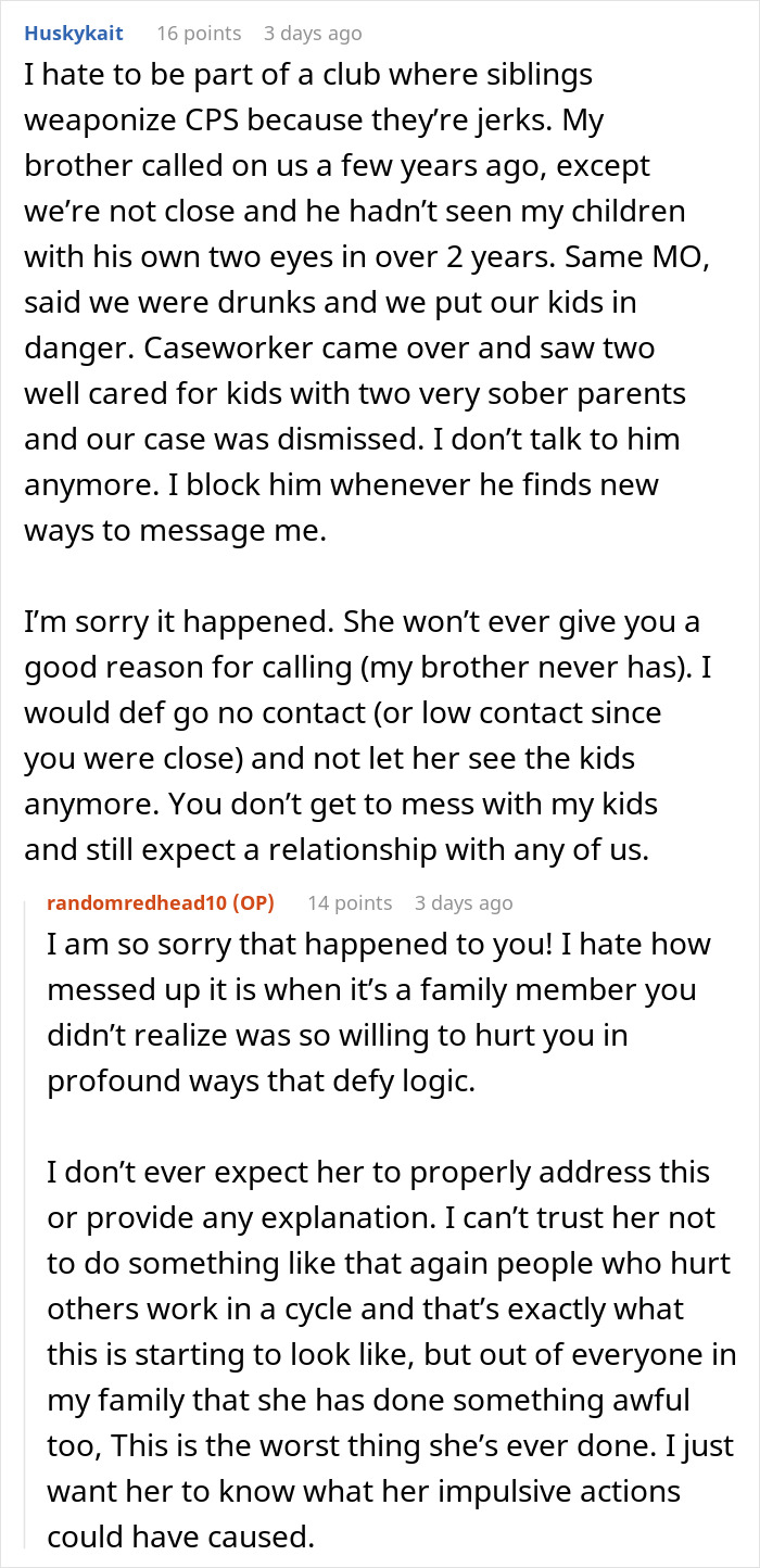 Comments discussing familial betrayal involving CPS, expressing shock and mistrust.