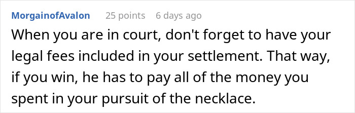 Reddit comment about including legal fees in a court settlement over a family heirloom dispute.