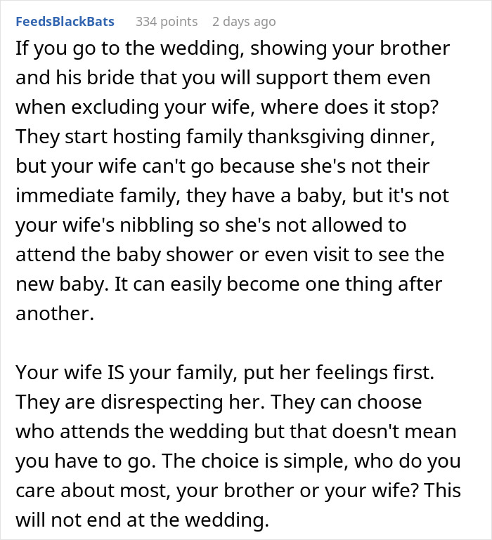 Text discussing wedding family dynamics and the exclusion of a wife from events, highlighting tension with sister-in-law.