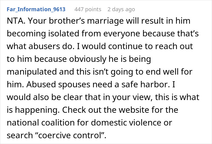 Reddit comment discussing a marriage and suggesting searching for "coercive control" regarding domestic violence.