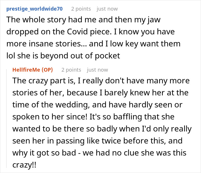 Comments discussing a woman's persistence to attend a wedding and unexpected behavior at the rehearsal dinner.