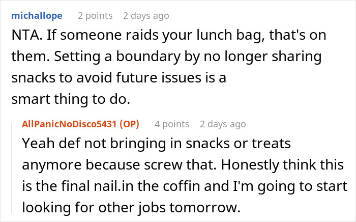 Reddit comments about coworker taking snacks and setting boundaries to avoid future issues.