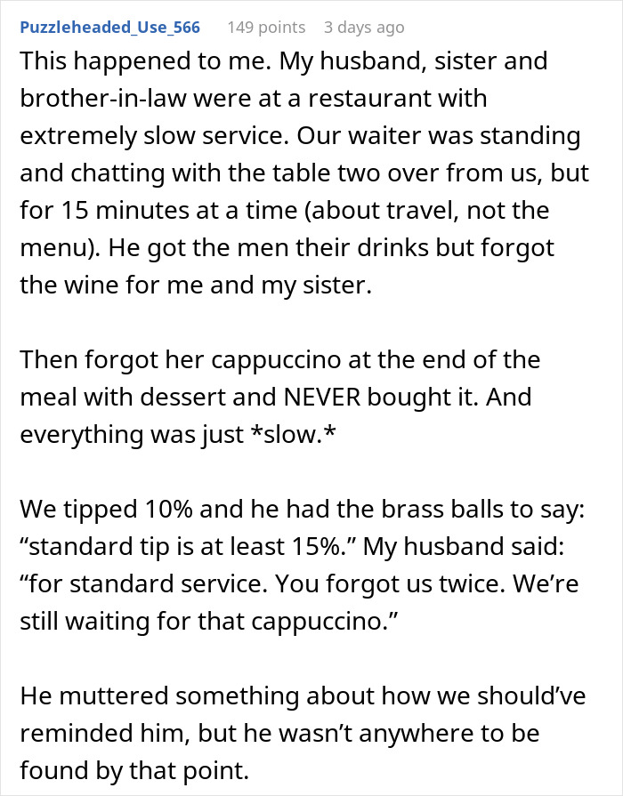 Customer recounts experience of slow restaurant service, tipping 10%, then being banned. Customer recounts experience of slow restaurant service, tipping 10%, then being banned.