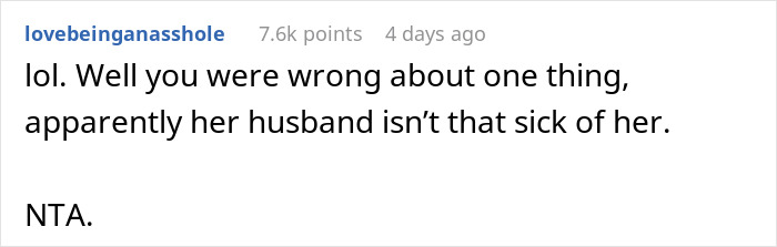 Text comment about a sister critiquing a mom of five.