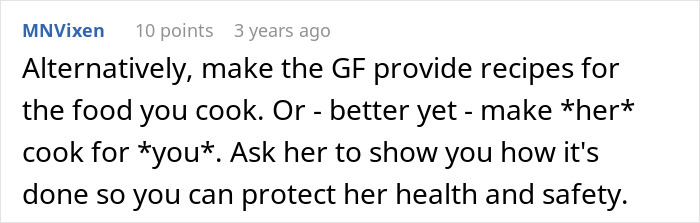 Reddit comment offering advice on handling new allergies at family dinners. Reddit comment offering advice on handling new allergies at family dinners.