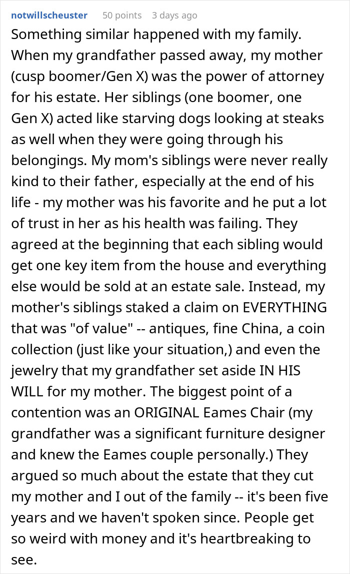Text discussing a family dispute over heirlooms and estate items after grandfather's passing. Text discussing a family dispute over heirlooms and estate items after grandfather's passing.