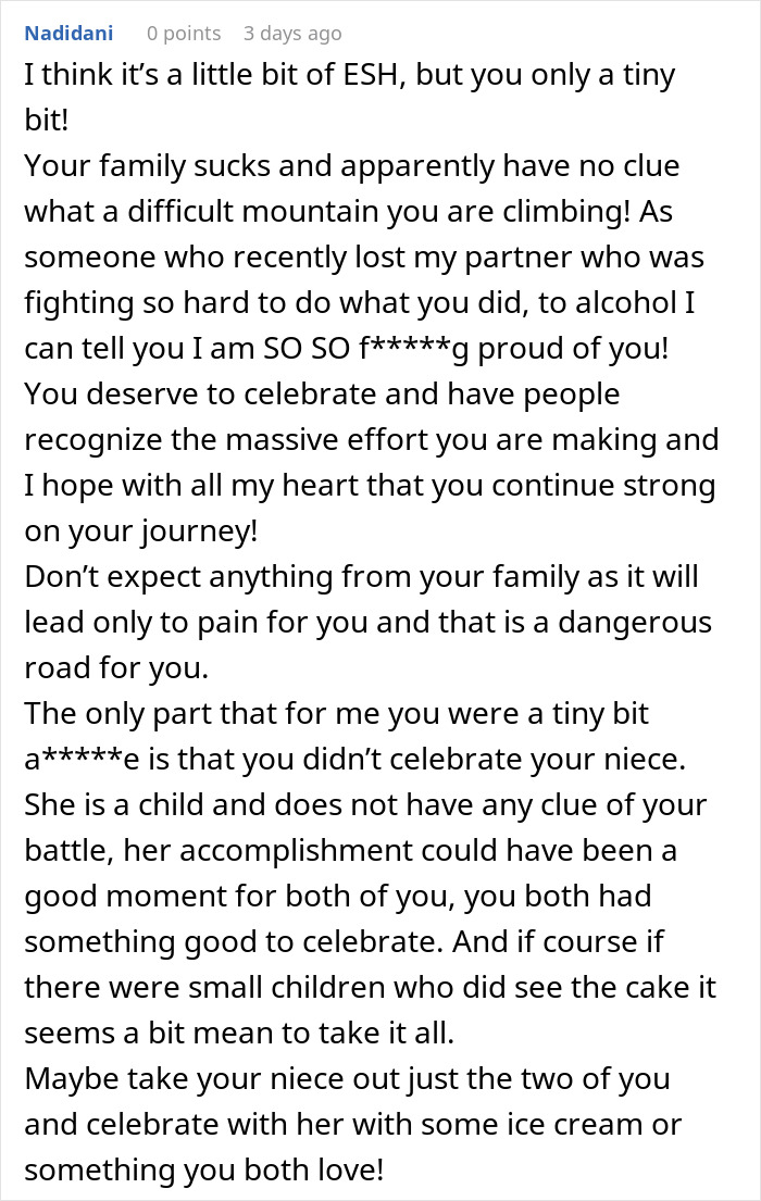 Text discussing family not recognizing a woman's sobriety milestone and offering support. Text discussing family not recognizing a woman's sobriety milestone and offering support.