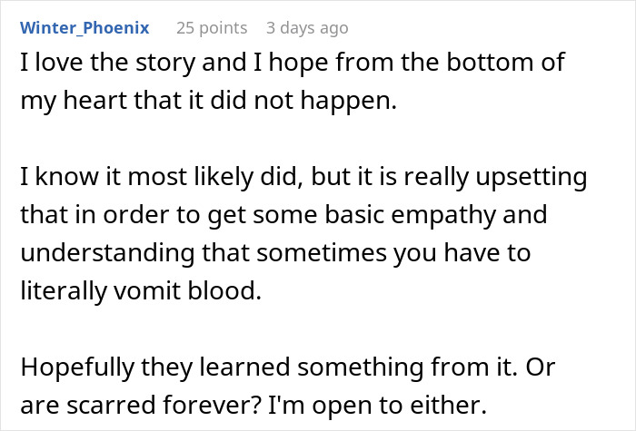 Comment by Winter_Phoenix, discussing a story about someone vomiting blood for empathy during work. Comment by Winter_Phoenix, discussing a story about someone vomiting blood for empathy during work.