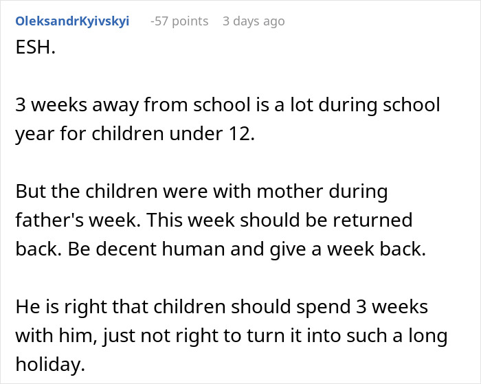 Reddit comment discussing school absence, custody, and fairness between parents.