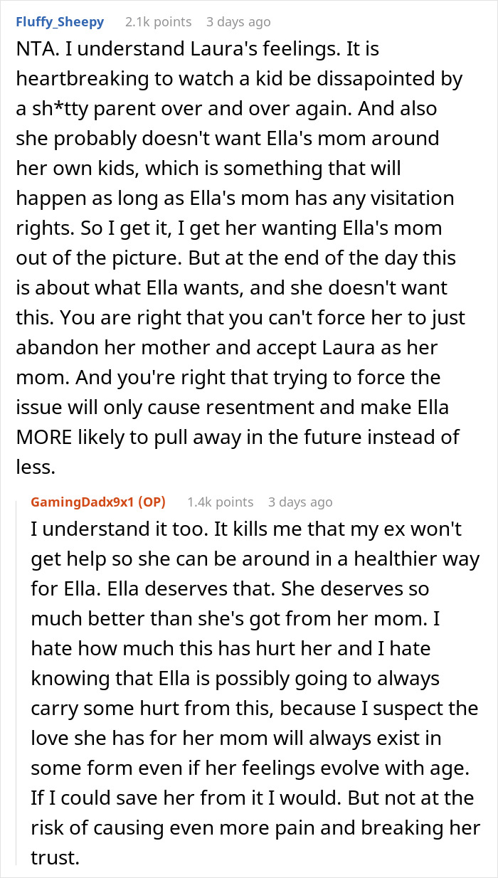 Screenshot of an online discussion about a dad's perspective on not letting his wife adopt his daughter.