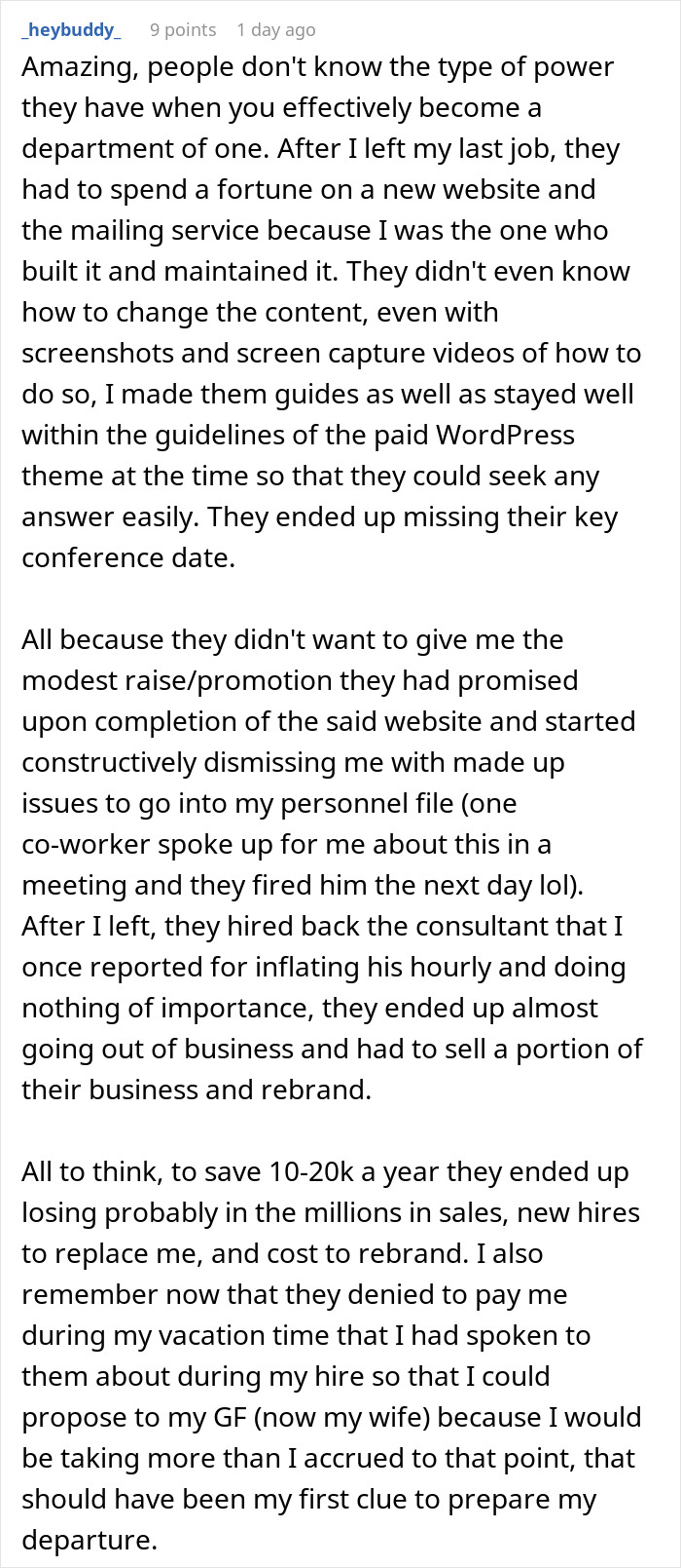 Text from a user detailing a workplace incident about firing consequences and lack of knowledge.