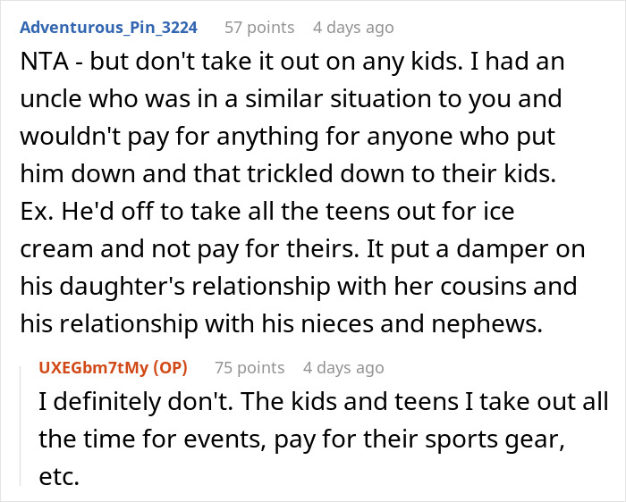 Reddit post discussion about being a deadbeat; user shares a story about family and kids.