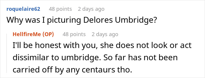 Reddit comments compare someone to Dolores Umbridge from a wedding story.