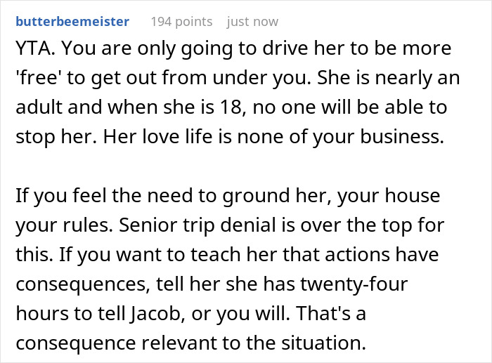 Text discussing a parent&rsquo;s reaction to their daughter's senior trip with her boyfriend.