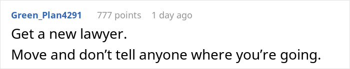 Reddit comment suggesting a couple hire a new lawyer and move secretly.