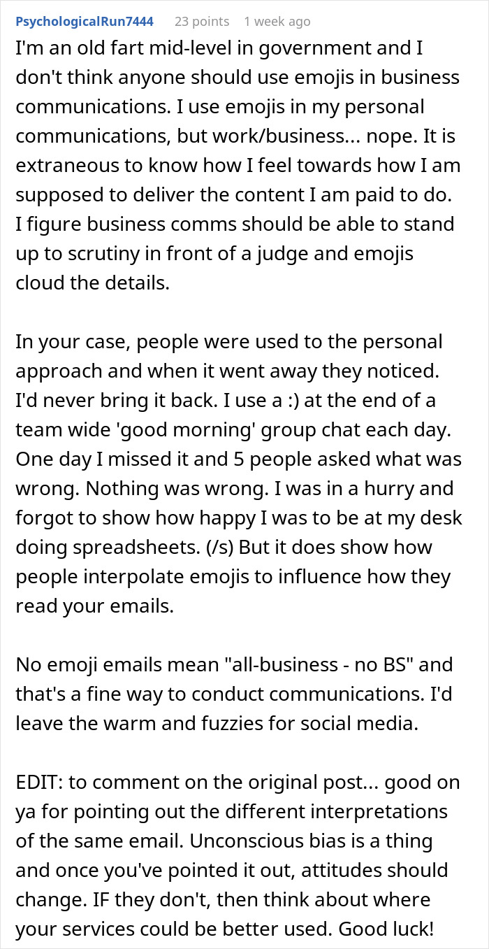 Text discussing woman's experience with email style, emojis in business communication, and perceptions.