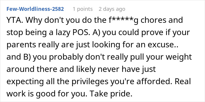 Comment discussing refusal to help parents and personal responsibility.