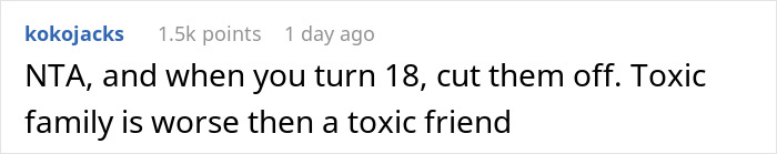 Reddit comment discussing toxic family dynamics, suggesting to cut ties when turning 18. Reddit comment discussing toxic family dynamics, suggesting to cut ties when turning 18.
