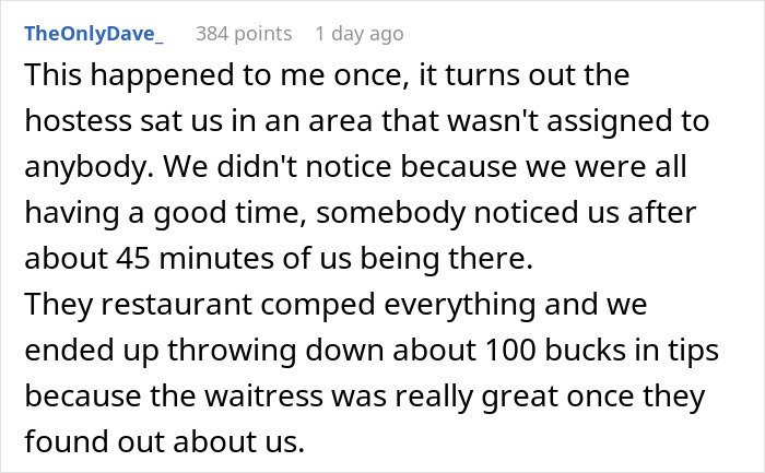 Image of a text comment describing a situation where staff forgot about customers, leading to a generous tip. Image of a text comment describing a situation where staff forgot about customers, leading to a generous tip.