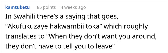 Swahili saying about unspoken departure. Swahili saying about unspoken departure.