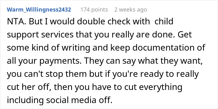 Reddit comment about child support advice related to avoiding being labeled a deadbeat.
