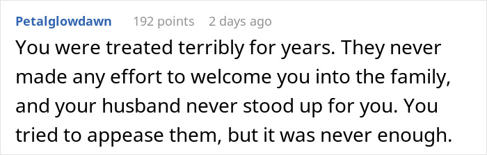 Text comment about husband choosing family over wife; lack of support in marriage.