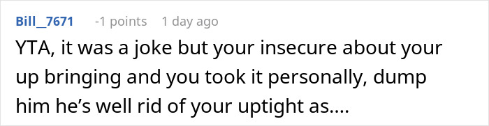 Comment criticizing a woman's response to a boyfriend's racist joke about her upbringing. Comment criticizing a woman's response to a boyfriend's racist joke about her upbringing.