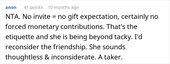 Reddit comment about wedding etiquette, discussing gift expectations and uninvitation consequences.