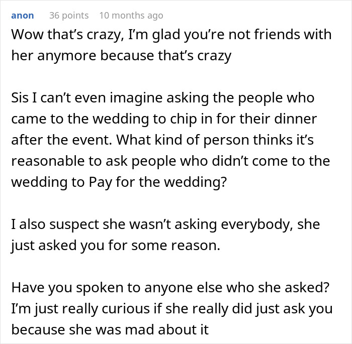 Reddit comment discussing a friend asking for wedding payment from an uninvited guest.