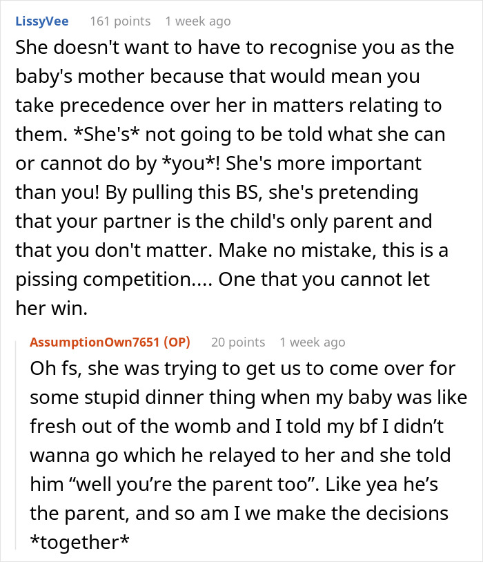 "Online discussion about mother-in-law and baby drama, featuring comments on parenting roles and family dynamics.