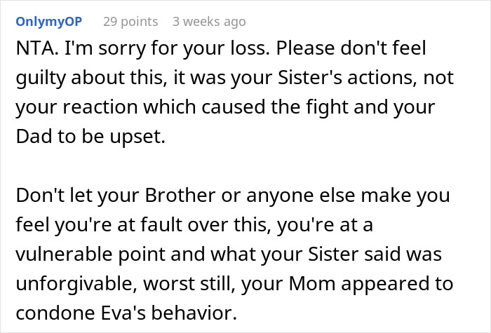 Text discussing a pregnant woman's insensitive comment causing emotional distress to her sister after her miscarriage. Text discussing a pregnant woman's insensitive comment causing emotional distress to her sister after her miscarriage.