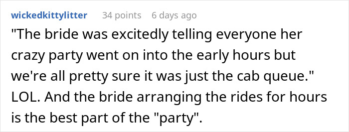 Reddit comment discussing a bride arranging a taxi for wedding guests and some leaving early. Reddit comment discussing a bride arranging a taxi for wedding guests and some leaving early.