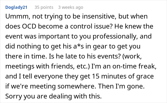 Comment discussing OCD affecting punctuality at events.