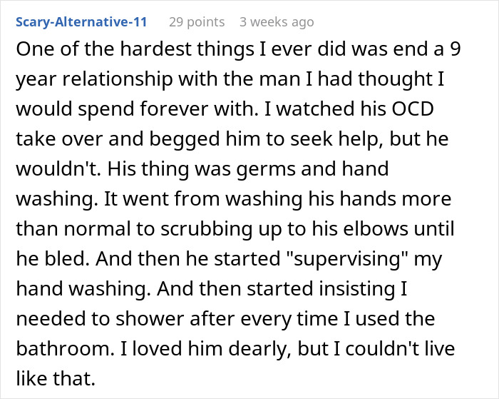 Text discussing a relationship affected by OCD, focusing on germ and hand-washing obsessions.