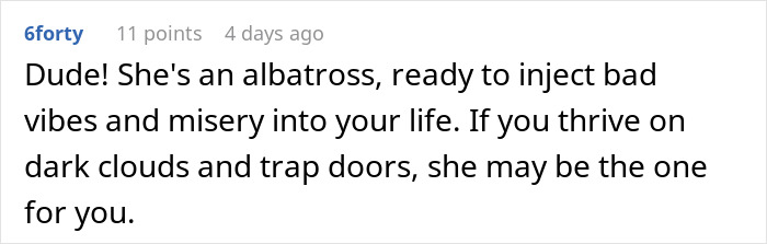 Reddit comment discussing a wife&rsquo;s affair, calling her an "albatross" for bringing negativity.