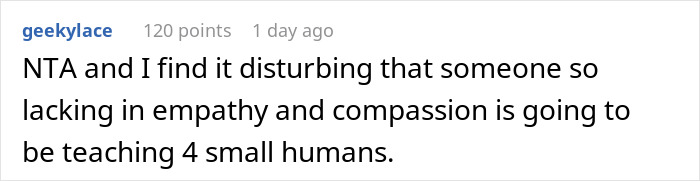 Comment discussing lack of empathy and compassion in childcare situation. Comment discussing lack of empathy and compassion in childcare situation.