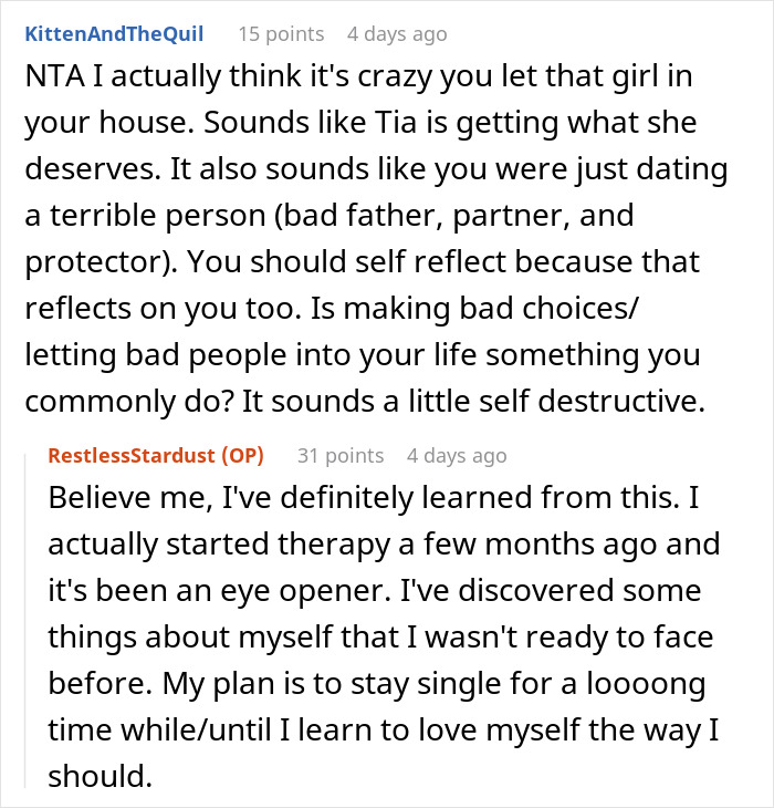 Reddit comments discussing a father's ex-girlfriend and his new girlfriend, with advice on self-reflection and therapy.