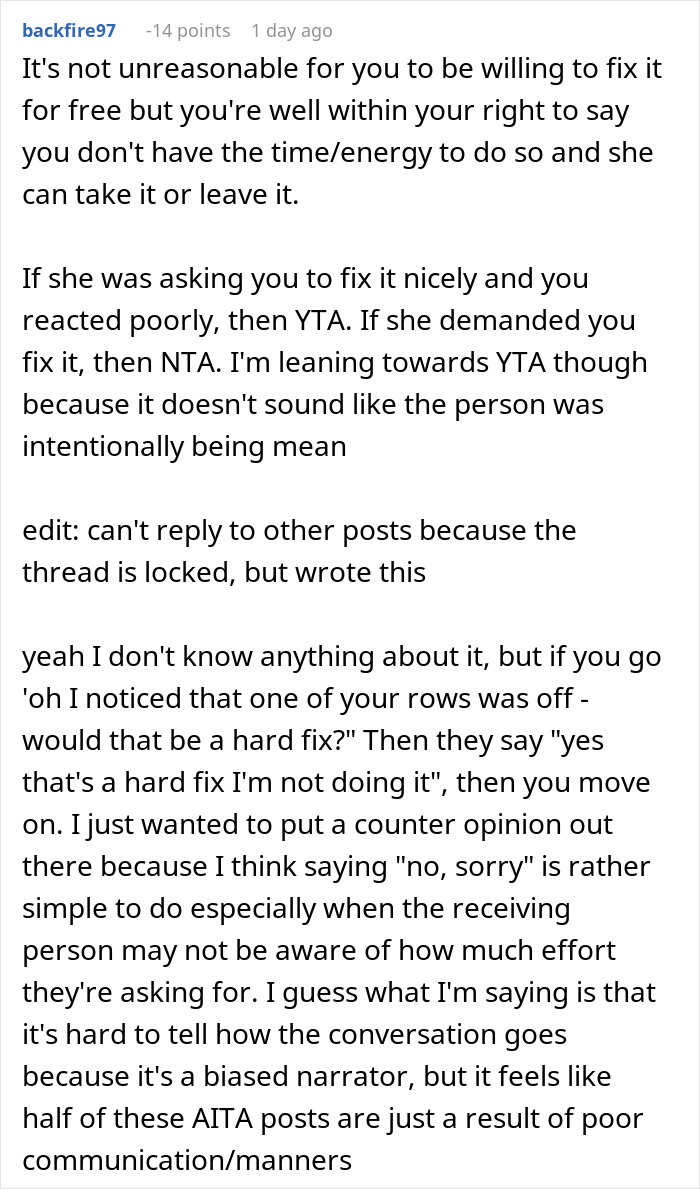 Online comment discussing handmade gift demands and right to refuse adjustments. Online comment discussing handmade gift demands and right to refuse adjustments.