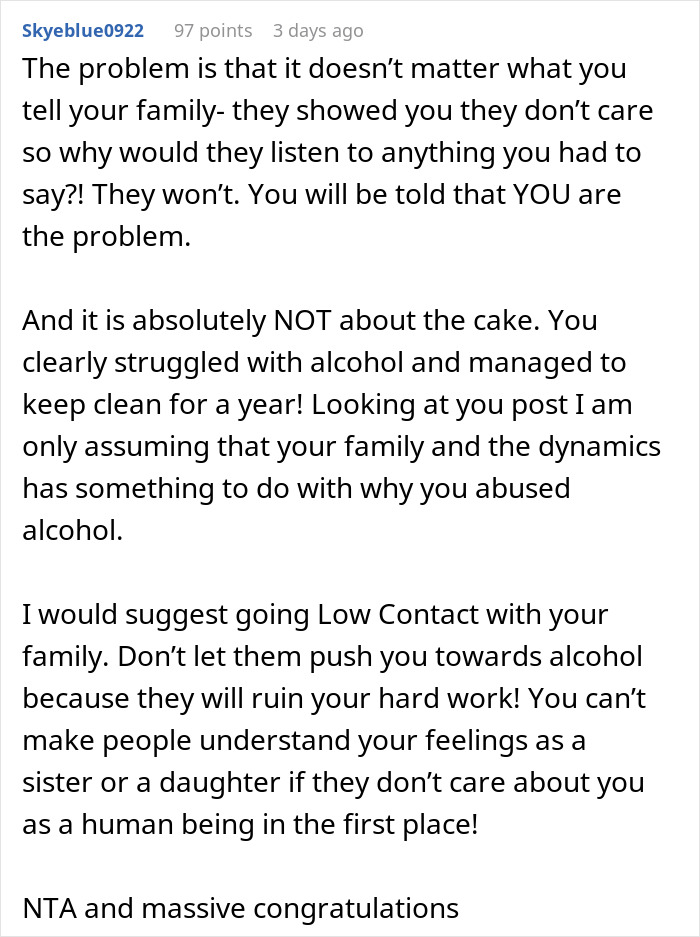 Text exchange discussing lack of family support for woman's sobriety milestone. Text exchange discussing lack of family support for woman's sobriety milestone.