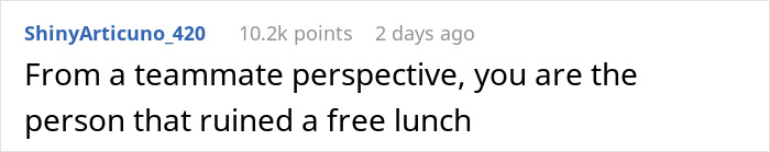 Comment discussing lunch preferences in a corporate setting with 10.2k points.