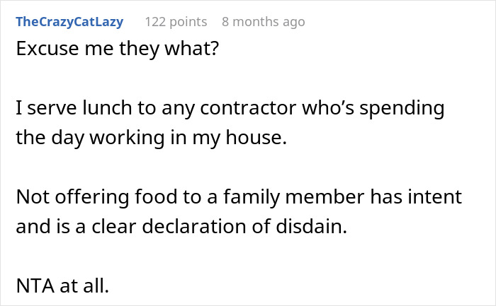 Reddit comment discussing refusal to offer food to family member as a sign of disdain.