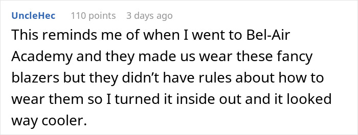 Commenter shares a school dress code loophole story, reflecting on creative blazer-wearing at Bel-Air Academy. Commenter shares a school dress code loophole story, reflecting on creative blazer-wearing at Bel-Air Academy.
